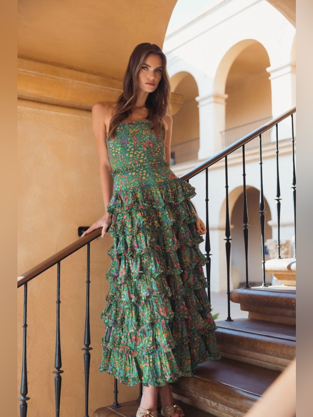 Mac Duggal Ruffle Garden Floral Green Strapless Gown Maxi Dress Size 6